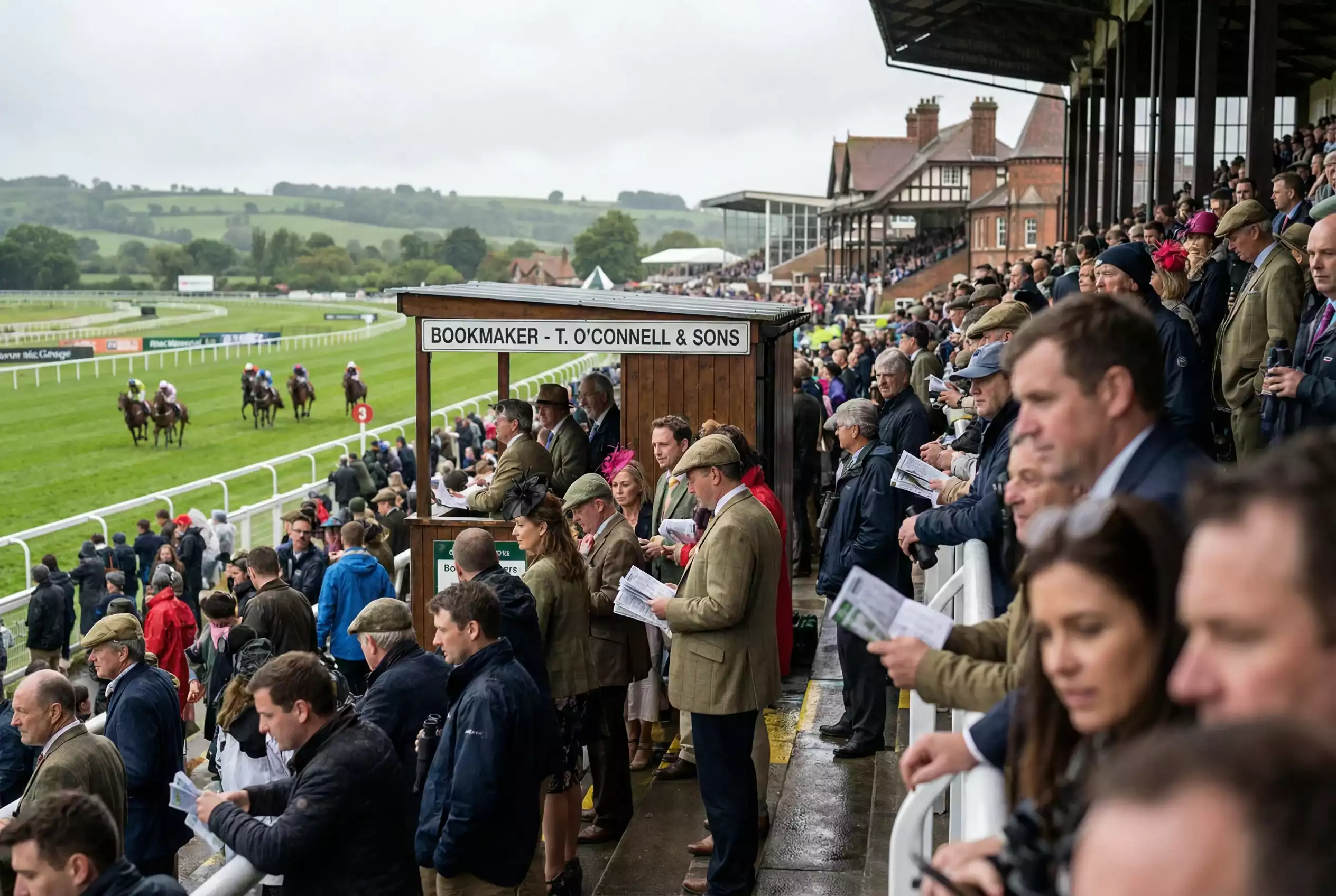 Racing crowd at British racecourse with betting activity