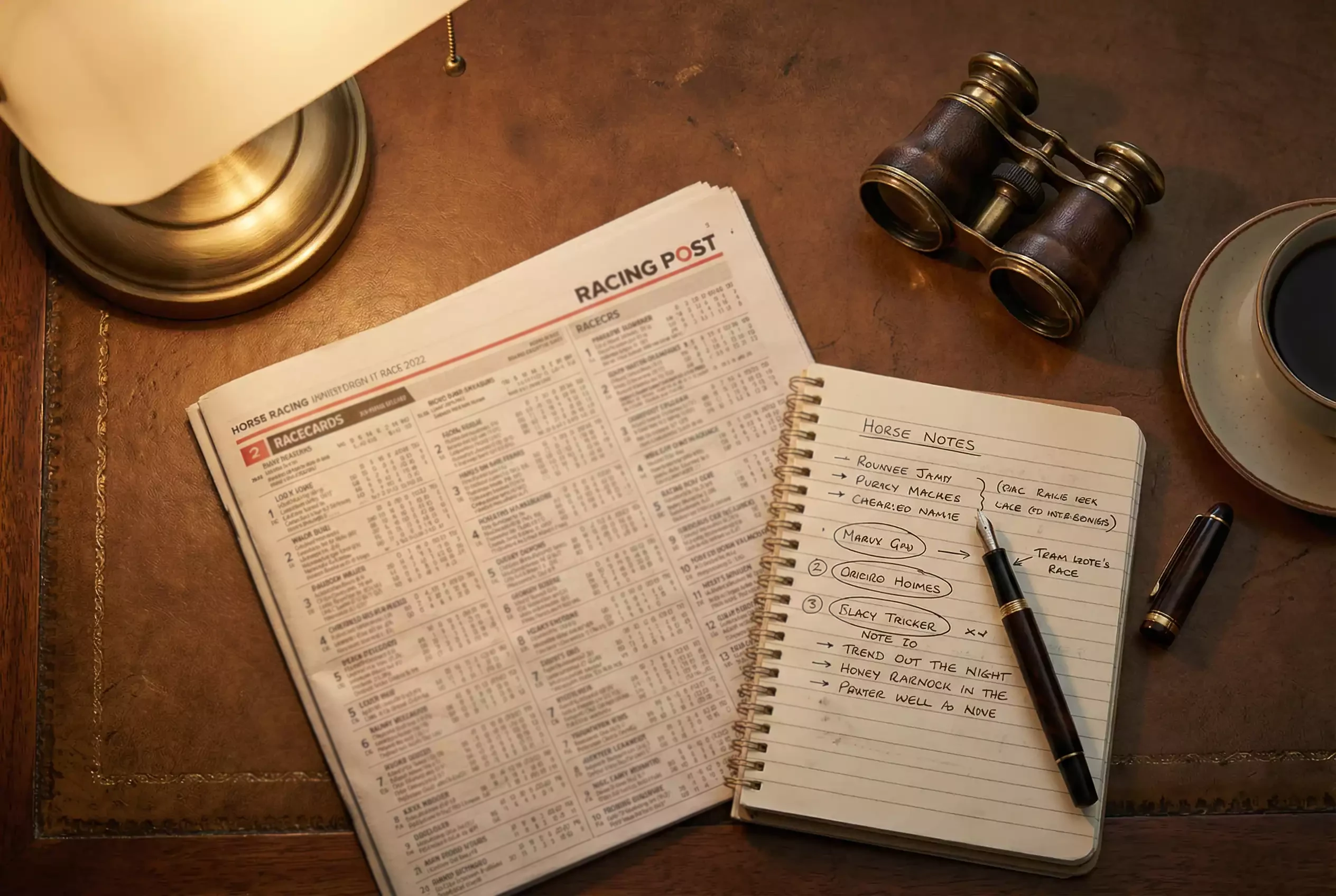 Racing form guide with highlighted selections and notes