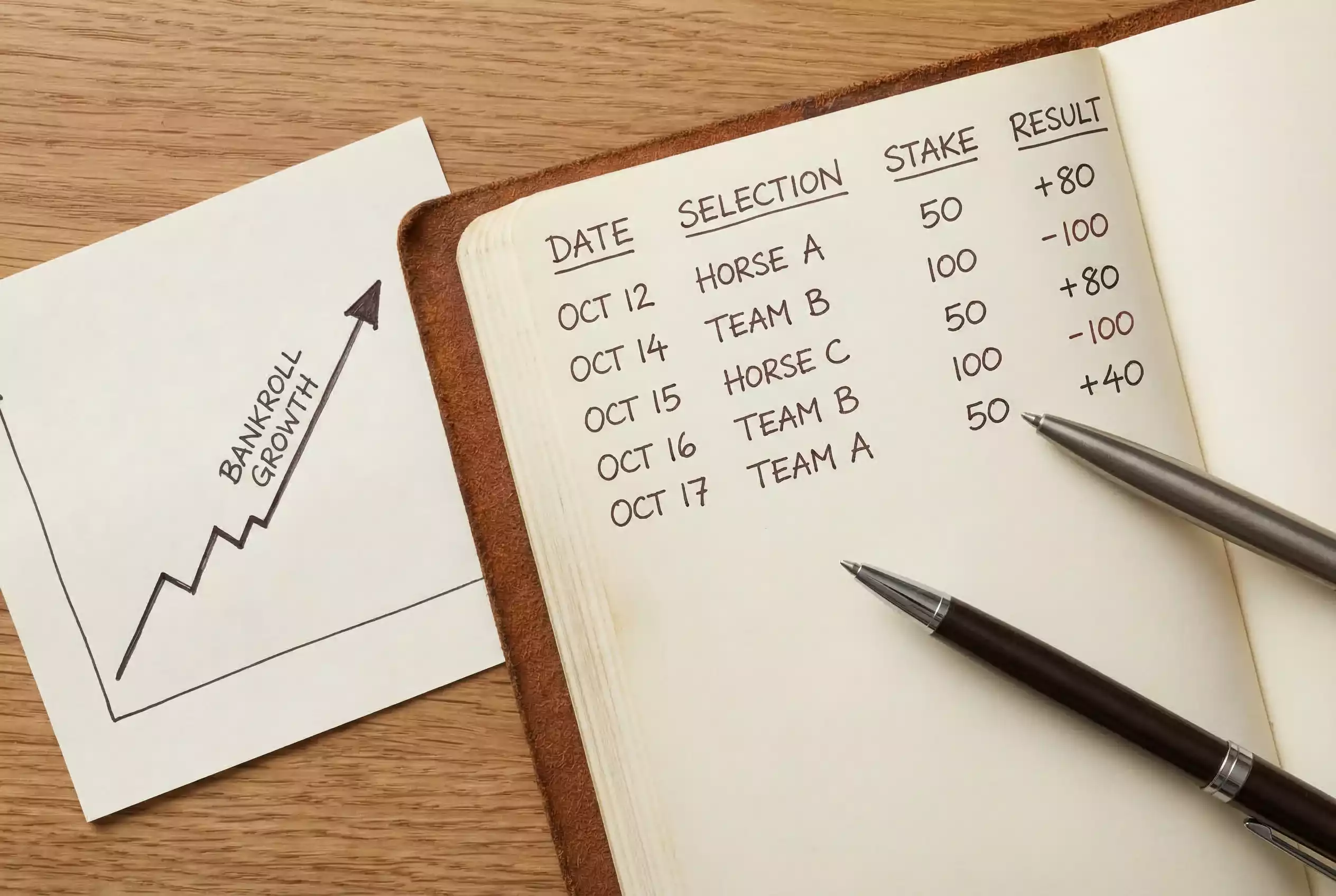 Notebook with betting records and bankroll tracking calculations