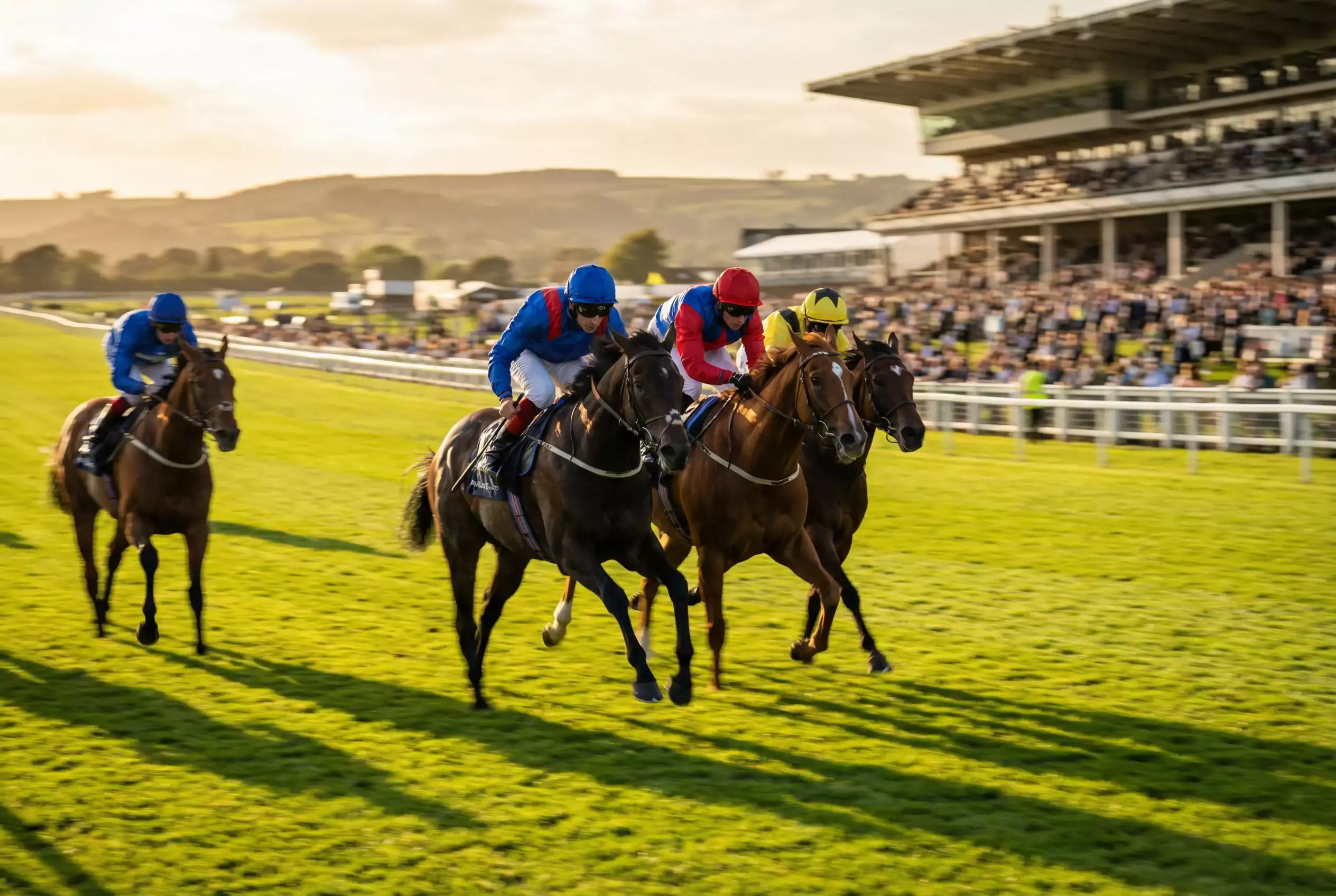 Thoroughbred horses racing at full gallop on British racecourse turf