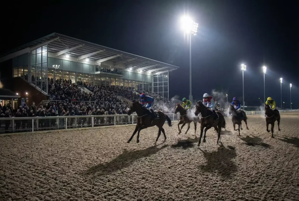Horses racing under floodlights at UK all-weather track