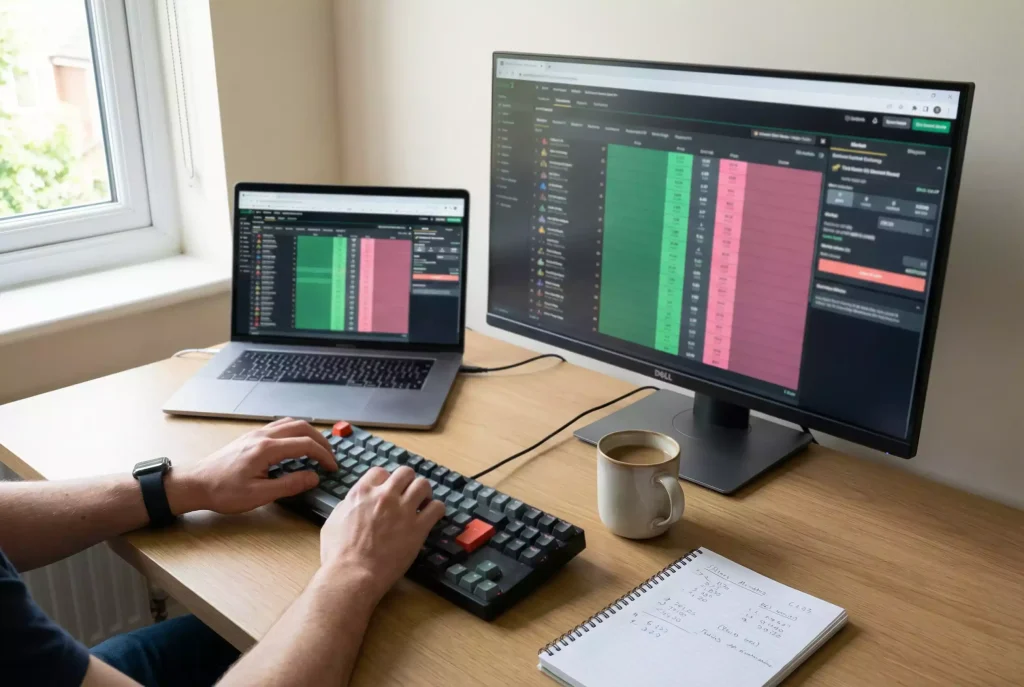 Trading setup with laptop showing Betfair exchange horse racing markets