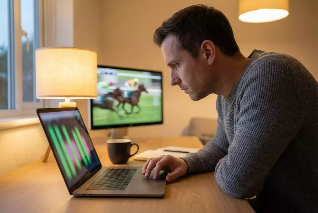Betfair exchange trading: person at laptop monitoring horse racing odds