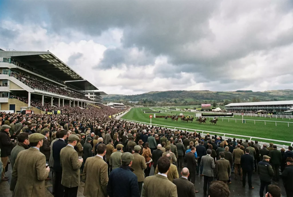 Crowded Cheltenham Racecourse grandstand during Festival with horses racing