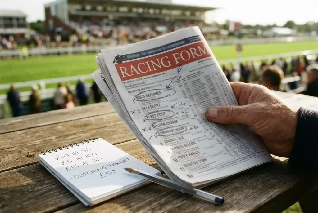 Punter analysing multiple horse racing selections on racecard