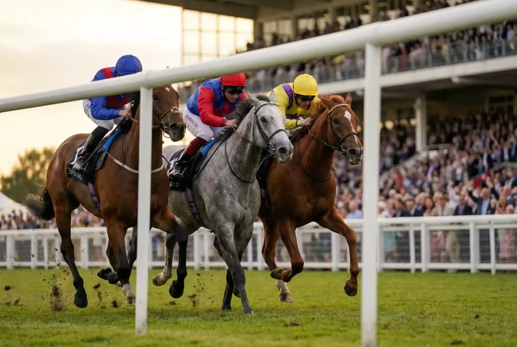 Each-way betting strategy: horses racing towards the finish line at UK racecourse