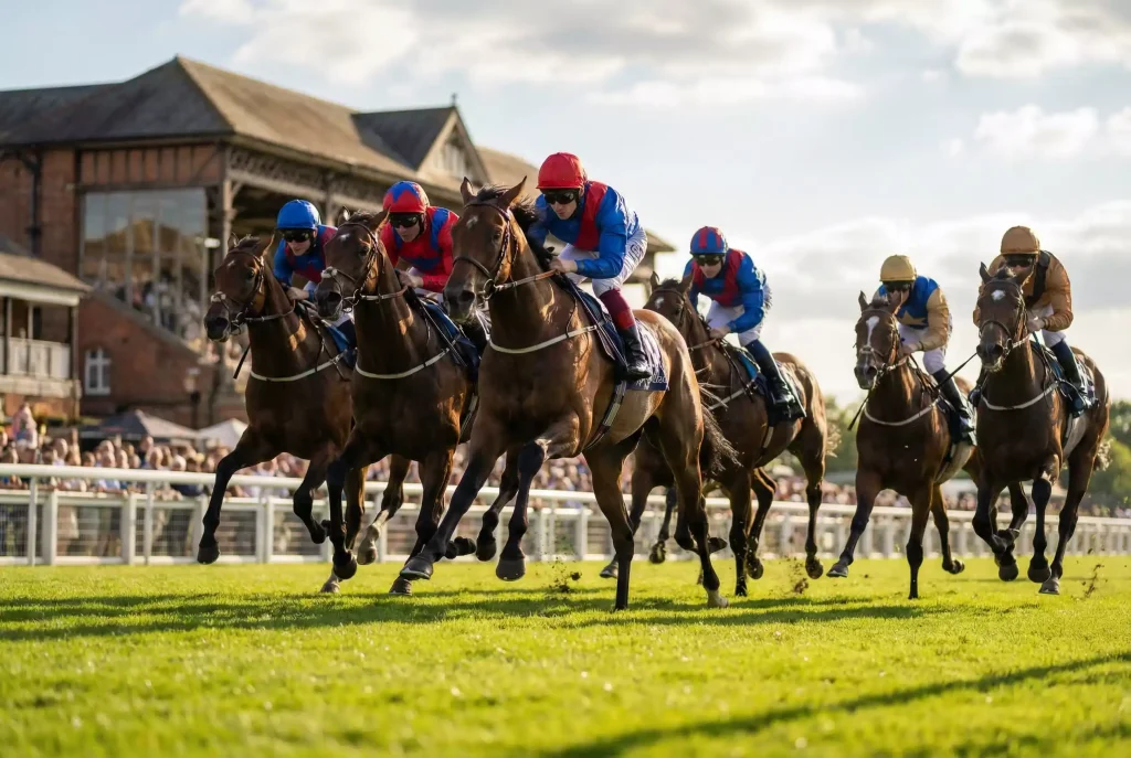 Thoroughbreds racing on turf at British flat racing meeting
