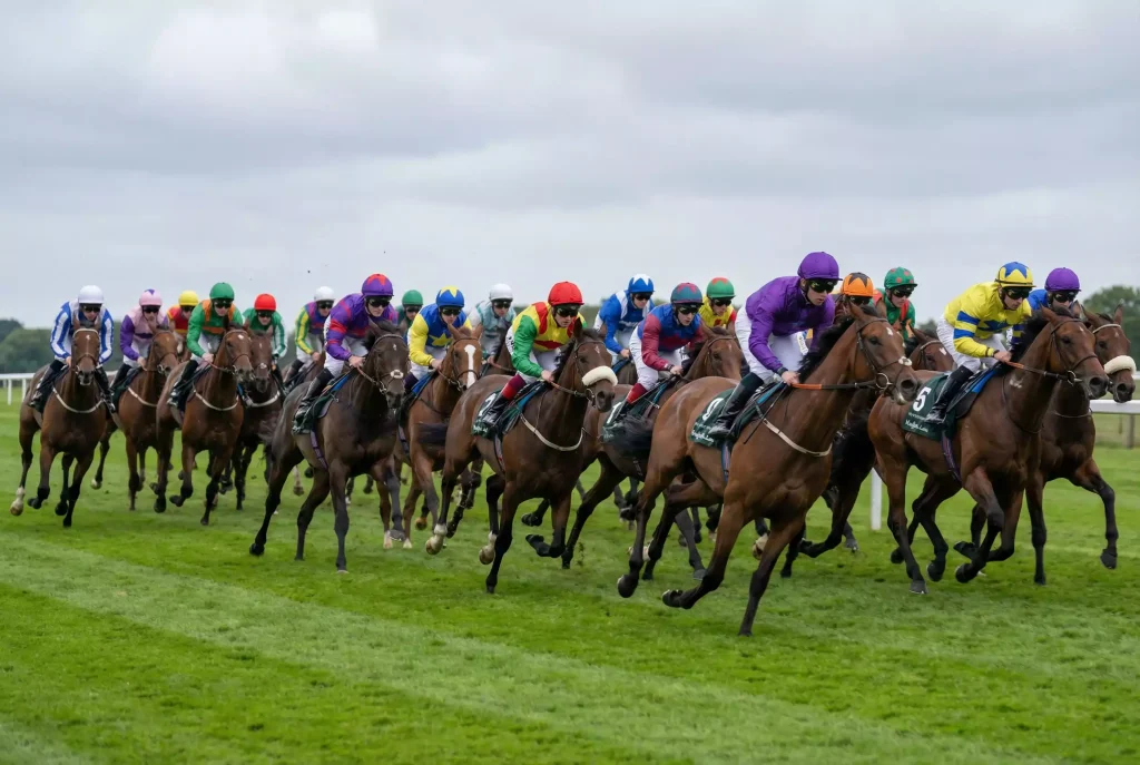 Large field of horses racing in UK handicap race with weight cloths visible