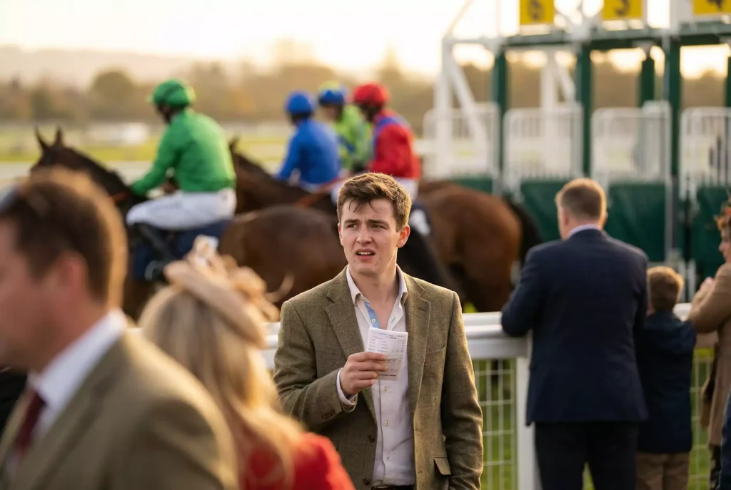 Beginner punter placing first horse racing bet at UK racecourse