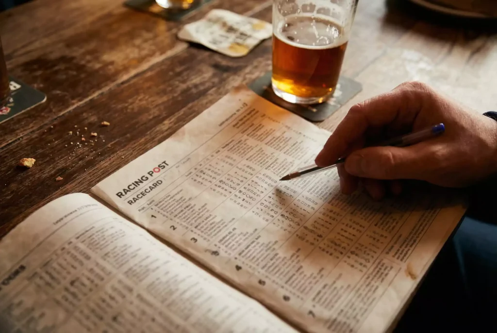 Horse racing form analysis: racecard with form figures and pen