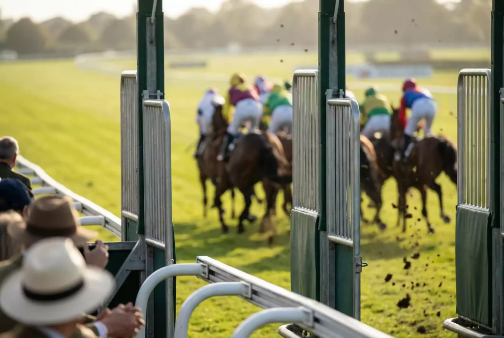 Horse race in progress with live betting odds overlay concept