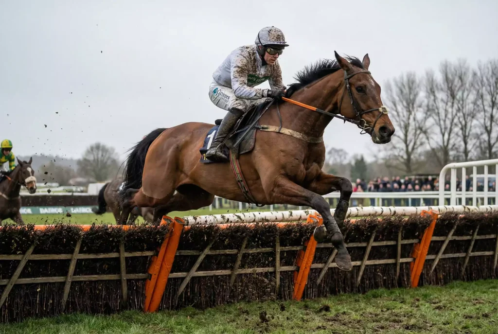 Horse and jockey clearing steeplechase fence in National Hunt race