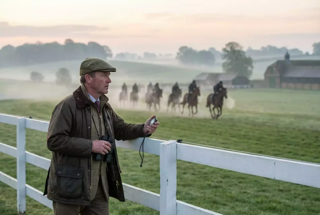 Horse trainer watching string of horses on gallops at training yard